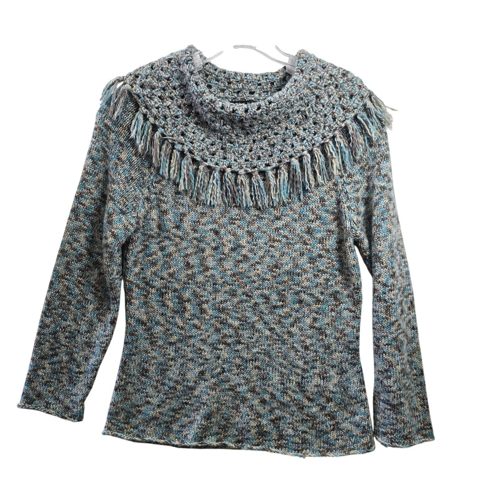 Spanner Fringe Cowl Neck Y2K Sweater L Marled Knit Blue Gray Boho Cozy Pullover